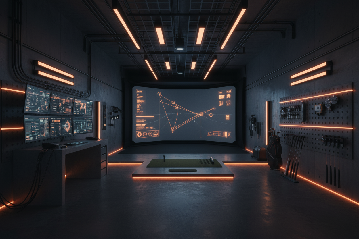 A sleek, modern golf simulator space with dark industrial design and glowing orange light accents. The room feels like a mix between a science lab and an underground studio — data screens, training gear, and hands-on tools visible. No golfers, just an environment designed for innovation and rebellion. The atmosphere feels intelligent, moody, and cinematic, emphasizing technology and connection.