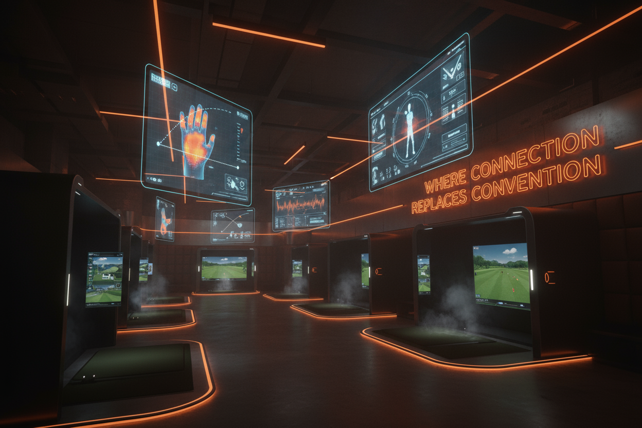 Cinematic digital image of an underground golf training HQ called The Fuse—a rebellion space where feel meets tech. Premium luxury look with orange neon (#FF5A00) lighting, golf simulators, training bays, holographic displays showing ball flight data, hand-pressure maps, and motion-tracking UI. Luxury, tech-infused vibe like a science lab meets underground movement. Smoke, light streaks, moody glow. Tagline theme: “Where Connection Replaces Convention.” Style: cinematic, dark, 4K, high realism. No people.