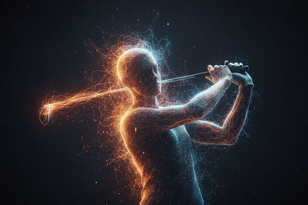 Digital neurography style illustration — glowing neural networks, human energy field, rebellion aesthetic, dark backdrop with electric orange and blue hues. Feels like science meets soul. Slight grunge texture, illuminated with depth and movement, cinematic lighting, moody and intelligent atmosphere, realistic anatomy mixed with abstract neural geometry. No text. focused on the hands in the golf swing